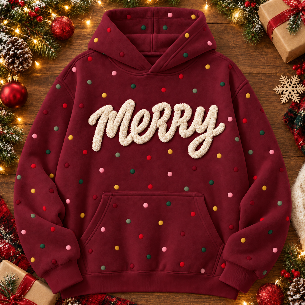 Personalized Christmas Polka Dot Hoodie – Custom Chenille Text Holiday Sweatshirt - MySpotifyGlassUK