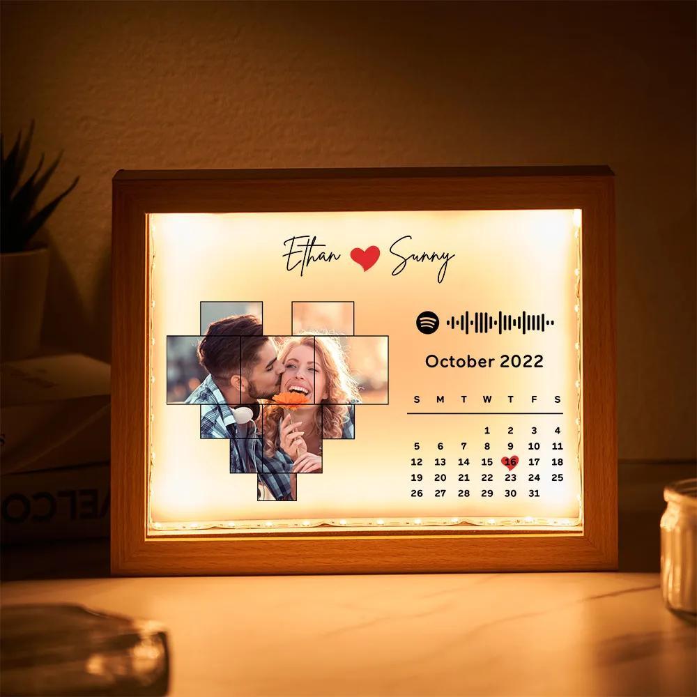 Custom Photo Frame Night Light Spotify Code Calendar Gift for Couple