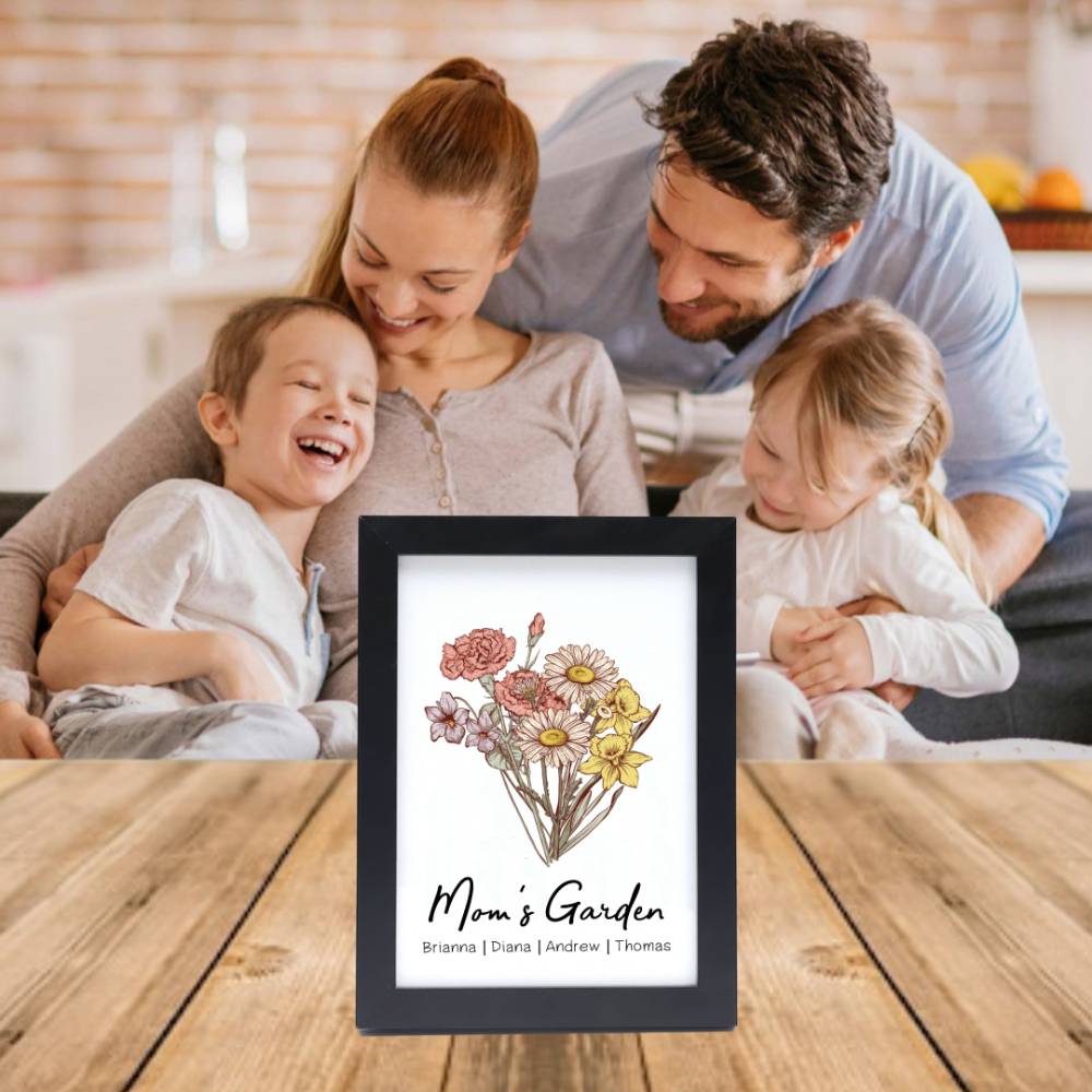 Gepersonaliseerde geboortebloemboeket zwarte namen frame cadeau voor moeder