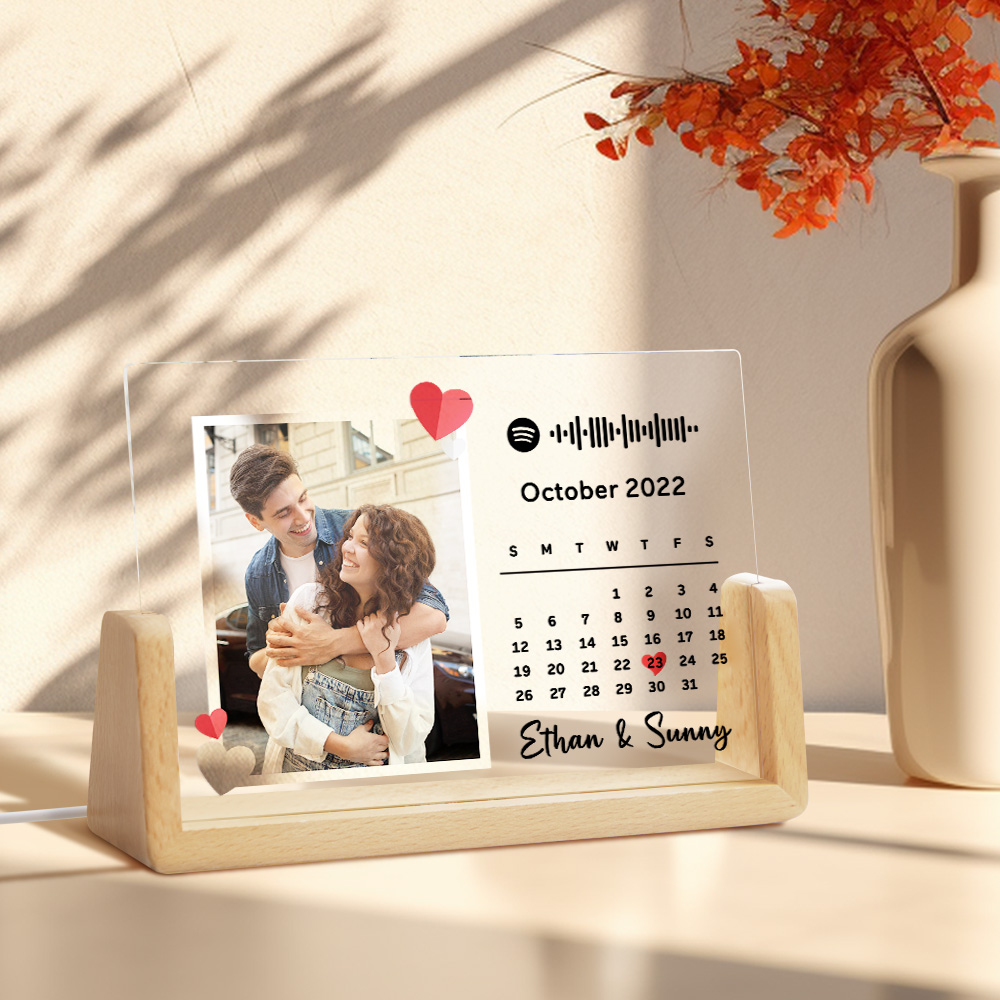 Gepersonaliseerde Liefdesfotokalender, Nachtlampje, Acryl Spotify-liedlamp, Jubileumcadeau Voor Koppels