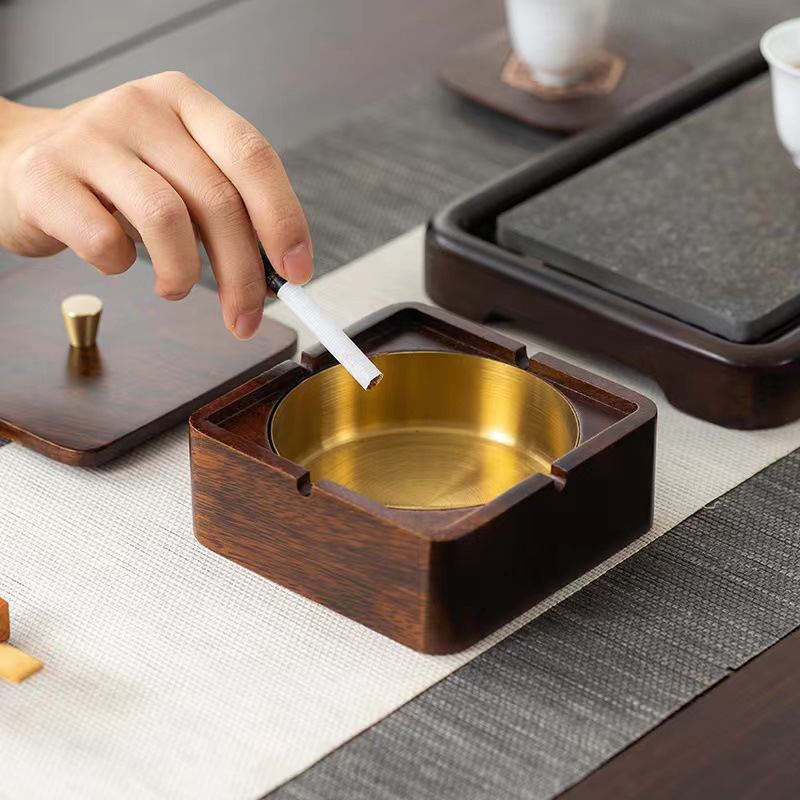 Dismountable Walnut Wood Ashtray with Lid for Cigarette-Square-OneVint