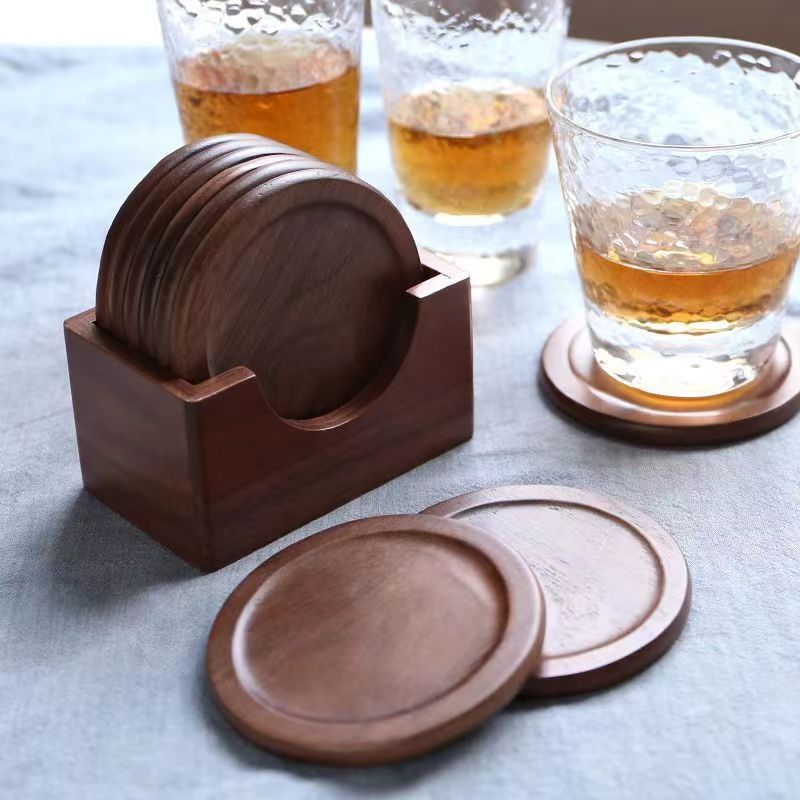 Wooden Coasters Set with Holder for Cups-Round-6 Pack-OneVint