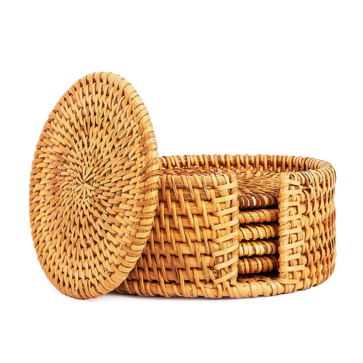 Rattan Coasters Set with Holder for Cups-Round-6 Pack-OneVint