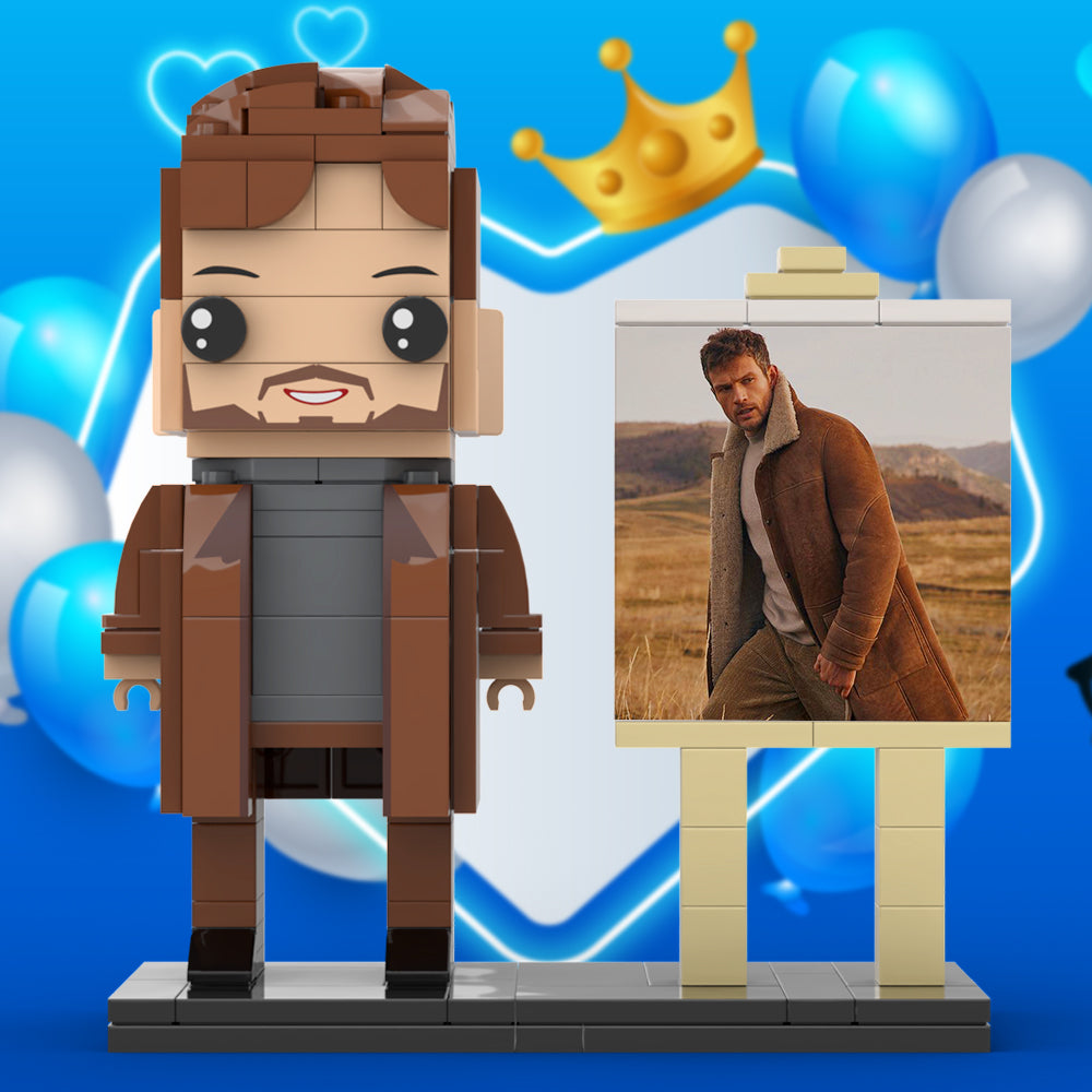 Full Body Customizable 1 Person Cool Young Daddy In Long Brown Coat Custom Brick with Frame Figures Small Particle Block Toy Brick Me Figures For Father's Day - 