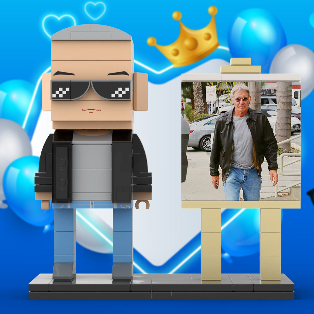 Full Body Customizable 1 Person Cool Grey Hair Daddy Street Photo With Classic Outfit Custom Brick with Frame Figures Small Particle Block Toy Brick Me Figures For Father's Day - 