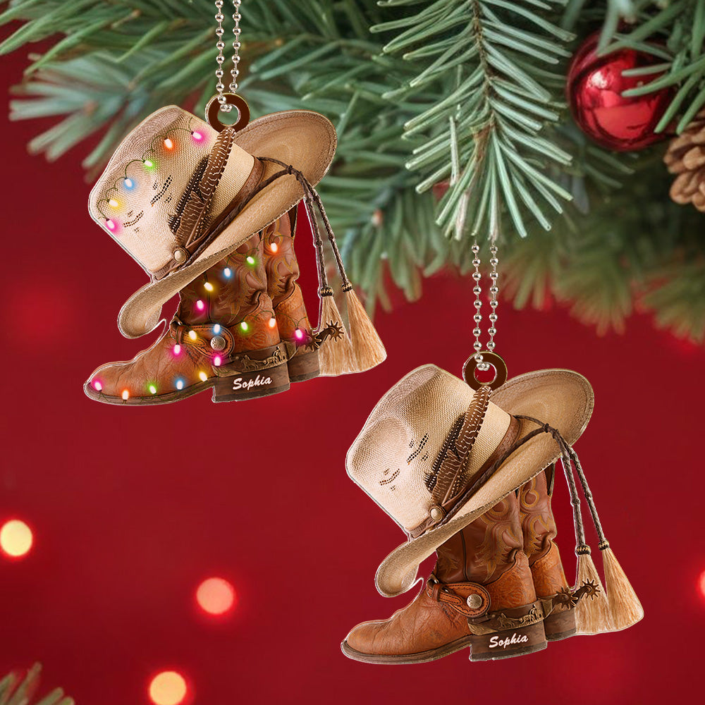 Personalized Cowboy Boots And Hat Car Ornament with Name Rearview Mirror Decoration Gift - 