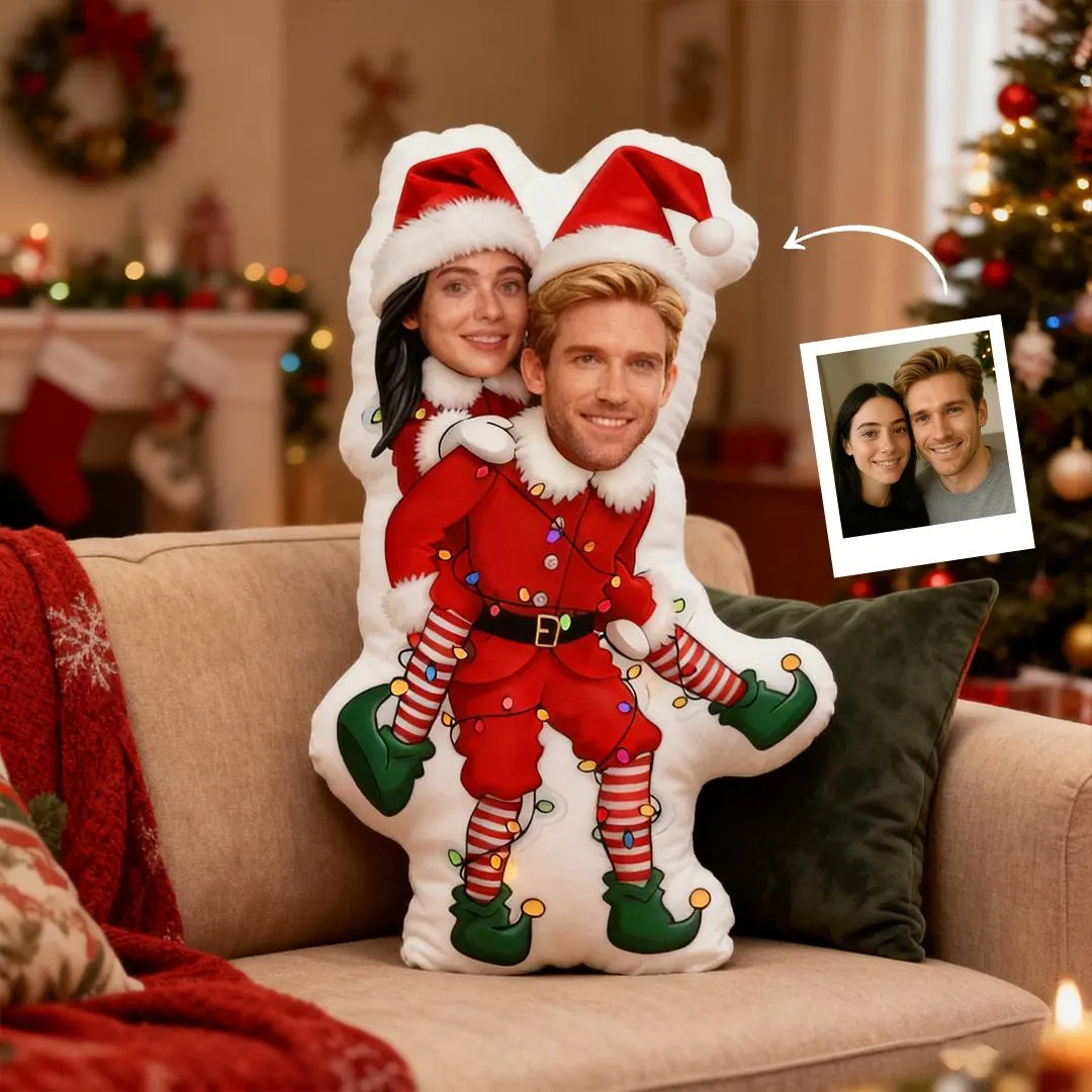 Custom Christmas Couple Pillow, Personalized Face Pillow, Funny Elf Santa Claus Body Cushion, Holiday Gift for Him Her, Xmas Decor - 