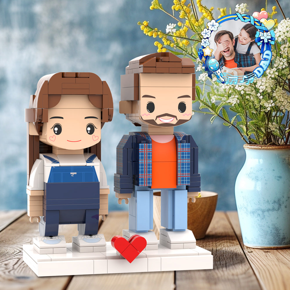 Classic Blue Shirt Dad and His Daughter Fully Body Customizable Father's Day Custom Brick Figures For Dad 2 People Custom Brick Figures For Daddy On Father's Day - 