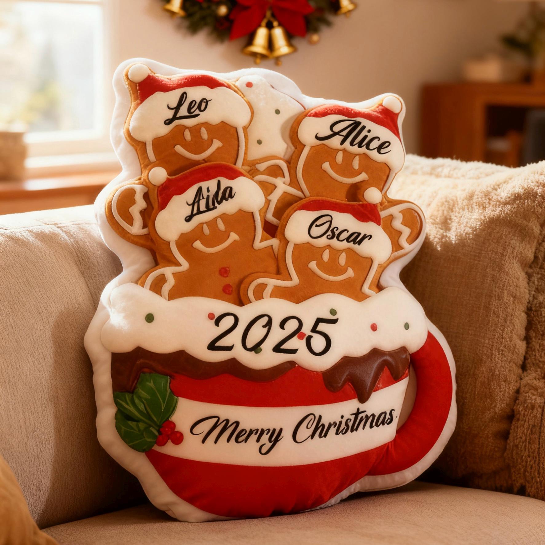Personalized Gingerbread Family Pillow, Custom Name Xmas Cushion, Holiday Decor Gift, Gingerbread Mug Pillow, Merry Christmas 2025 - 
