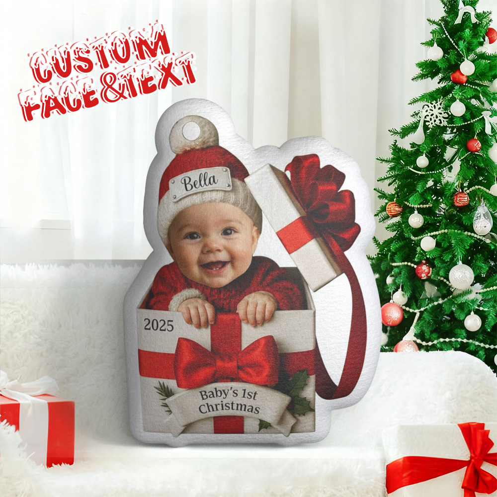 Personalized Face Baby 1st Christmas Pillow, Custom Portrait & Name - 