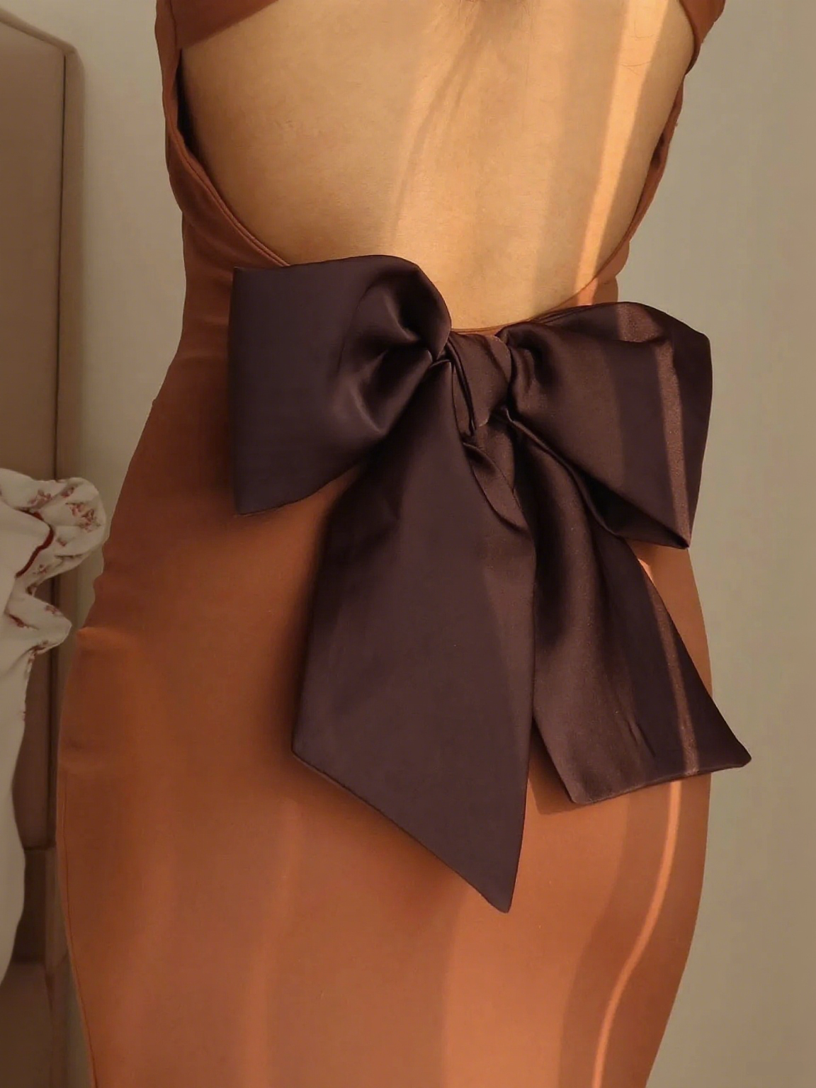 Rust Brown Opera Bow Backless Maxi Dress