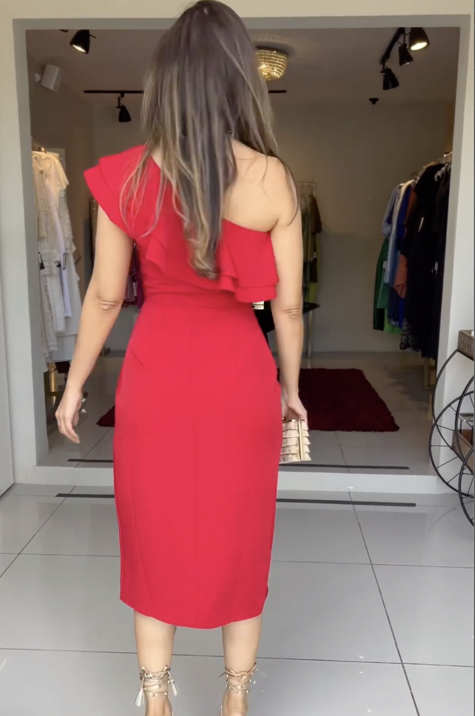 Classic Red One-shoulder Midi Dress