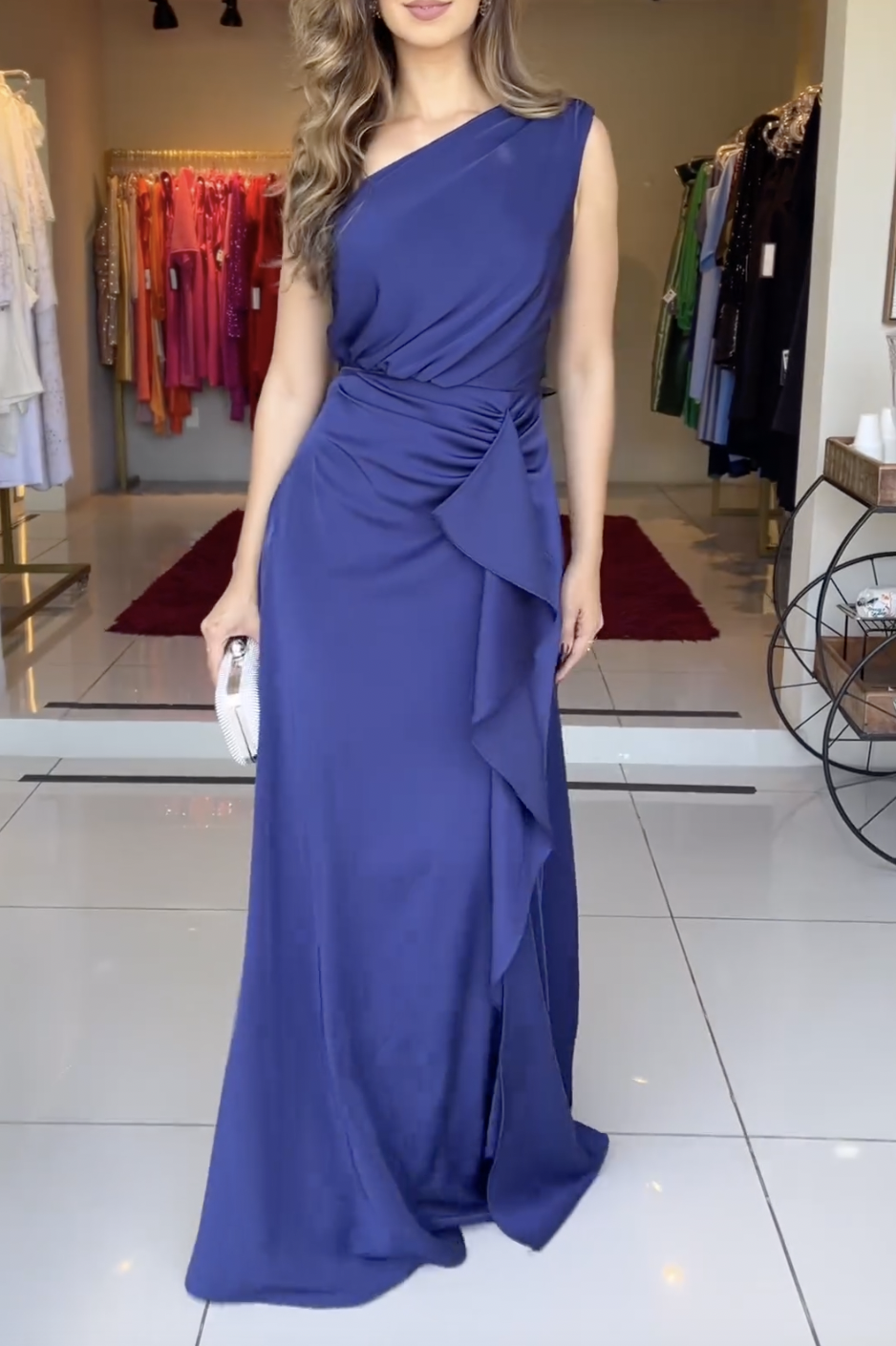 Elegant Dark Blue One Shoulder Sleeve Irregular Maxi Dress