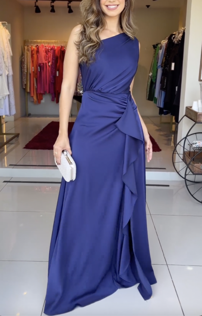 Elegant Dark Blue One Shoulder Sleeve Irregular Maxi Dress