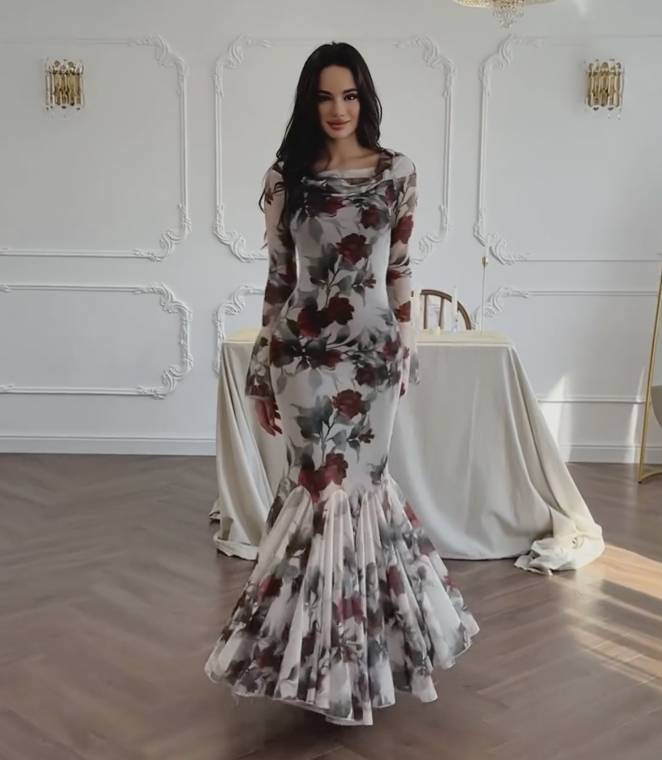 Romantic Foral Print Long Sleeve Maxi Dress