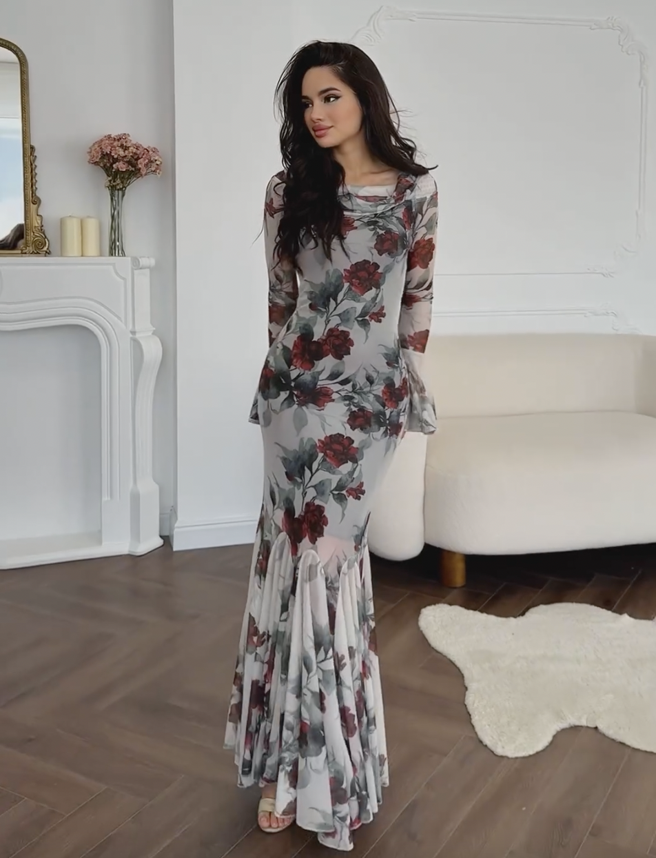 Romantic Foral Print Long Sleeve Maxi Dress