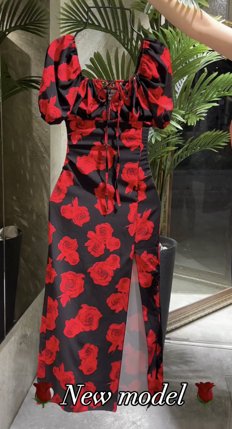 Red Rose Floral Print Midi Dress