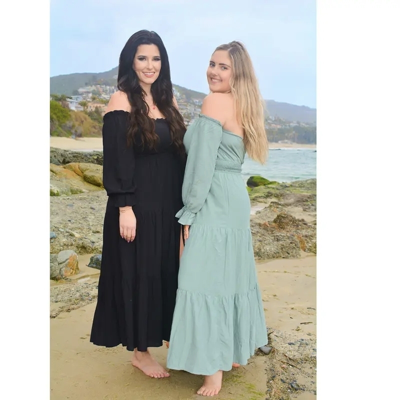 Boho Off-Shoulder Smocked High Waist Maxi Dress