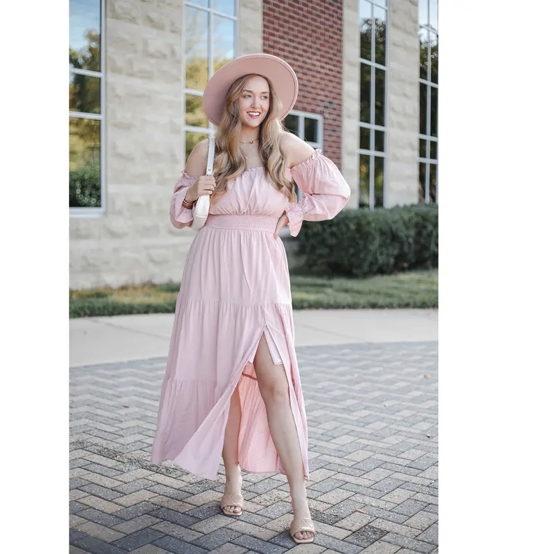 Boho Off-Shoulder Smocked High Waist Maxi Dress