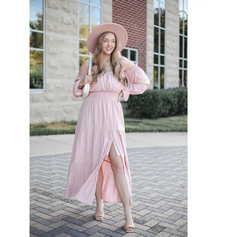 Boho Off-Shoulder Smocked High Waist Maxi Dress