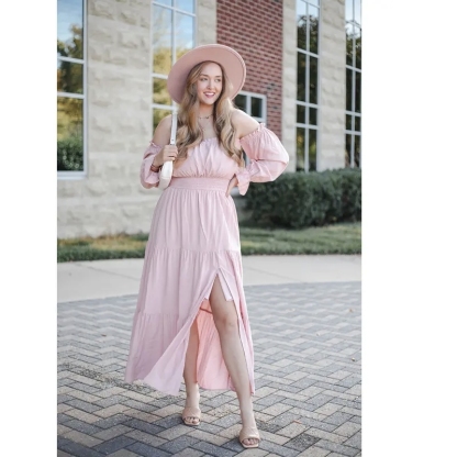 Boho Off-Shoulder Smocked High Waist Maxi Dress