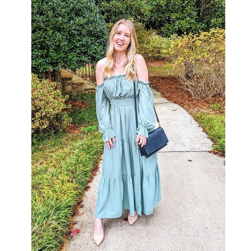 Boho Off-Shoulder Smocked High Waist Maxi Dress