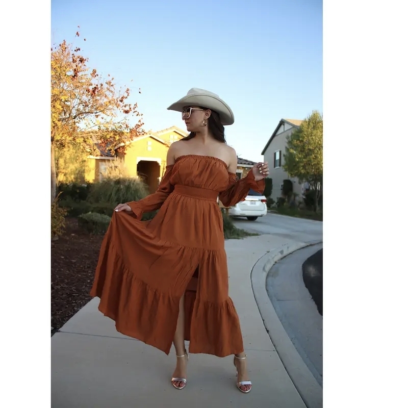 Boho Off-Shoulder Smocked High Waist Maxi Dress
