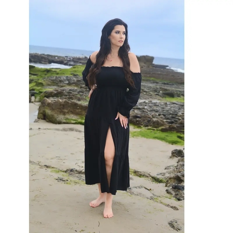 Boho Off-Shoulder Smocked High Waist Maxi Dress