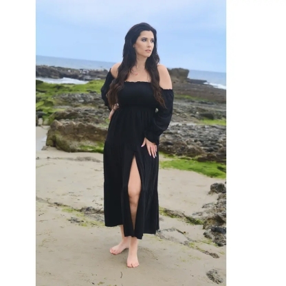 Boho Off-Shoulder Smocked High Waist Maxi Dress