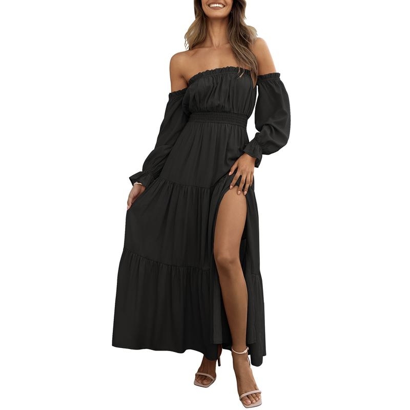 Boho Off-Shoulder Smocked High Waist Maxi Dress