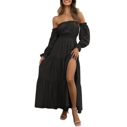 Boho Off-Shoulder Smocked High Waist Maxi Dress