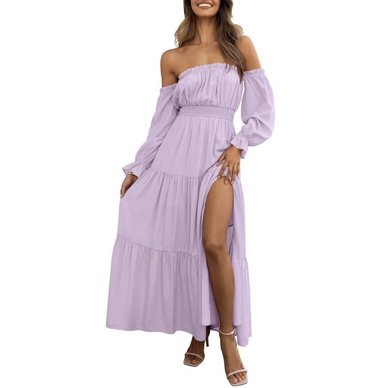 Boho Off-Shoulder Smocked High Waist Maxi Dress
