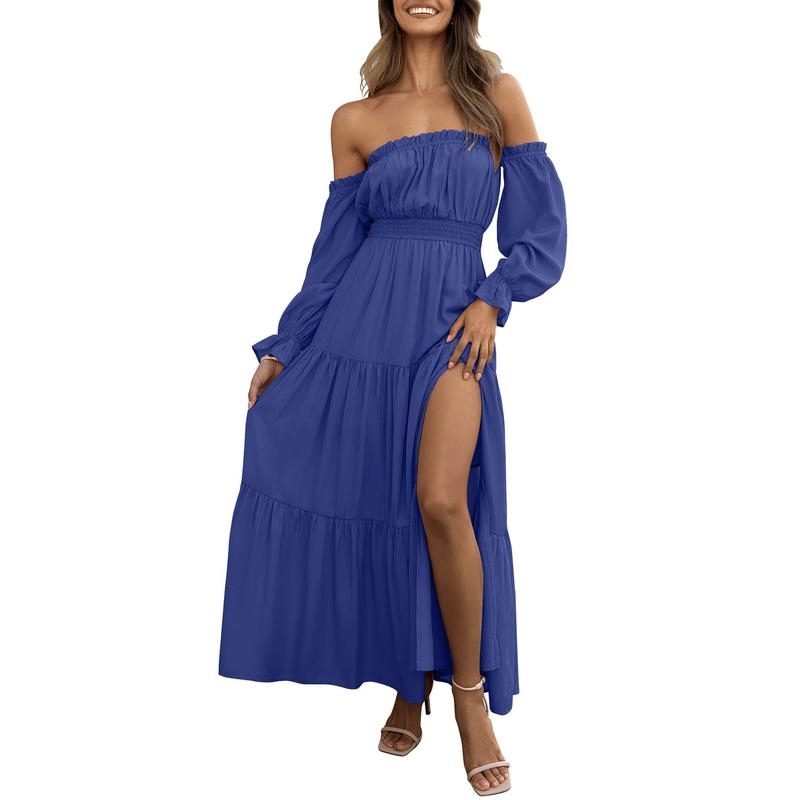 Boho Off-Shoulder Smocked High Waist Maxi Dress