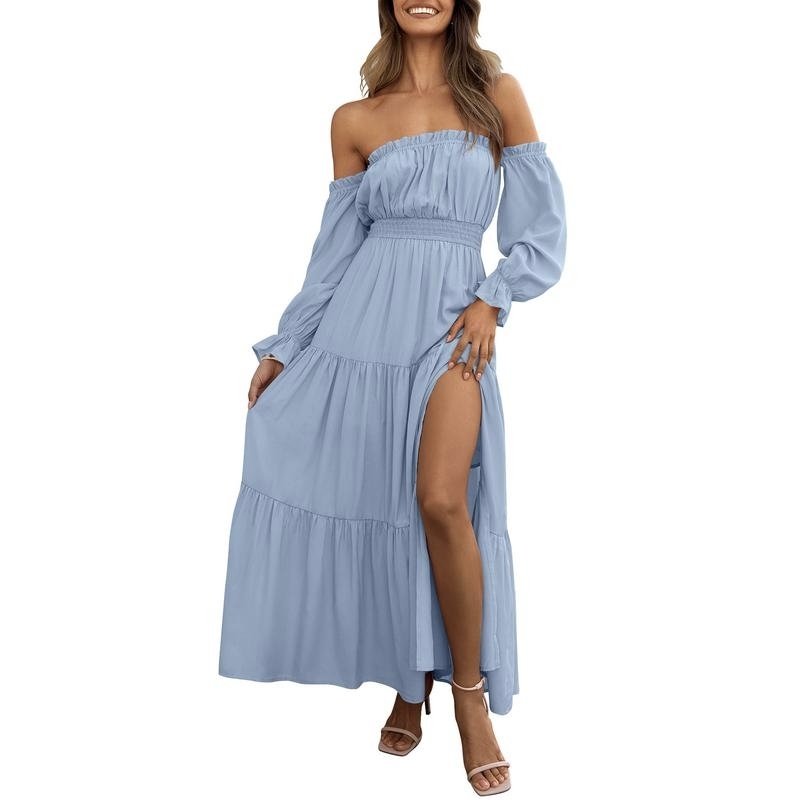 Boho Off-Shoulder Smocked High Waist Maxi Dress
