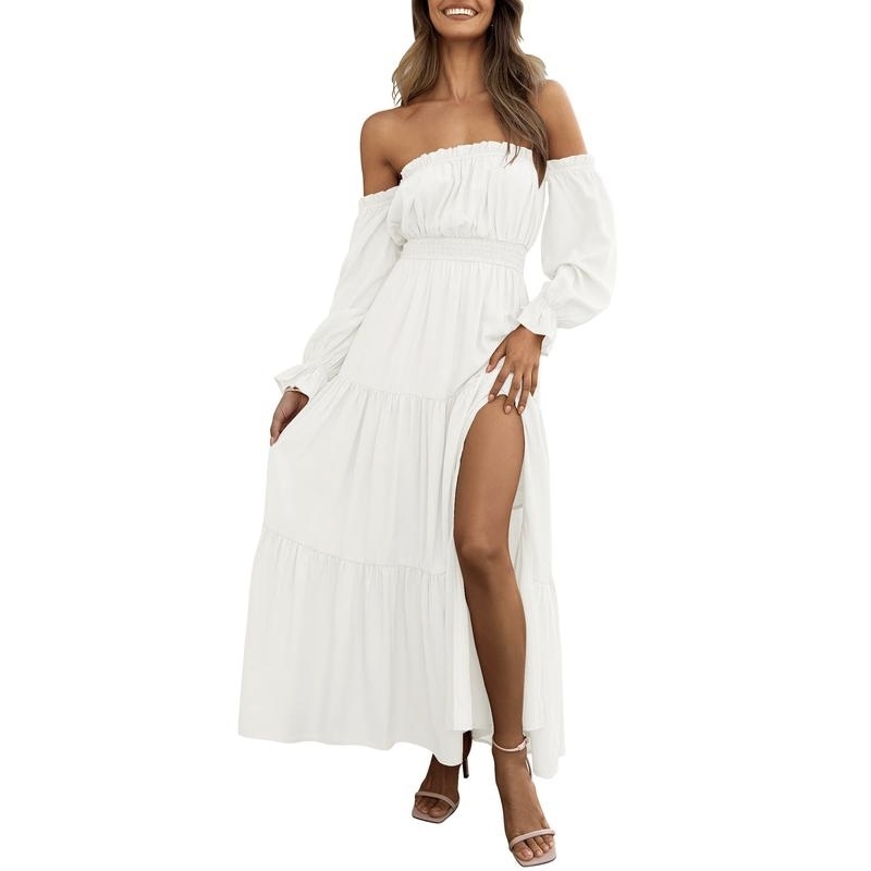 Boho Off-Shoulder Smocked High Waist Maxi Dress