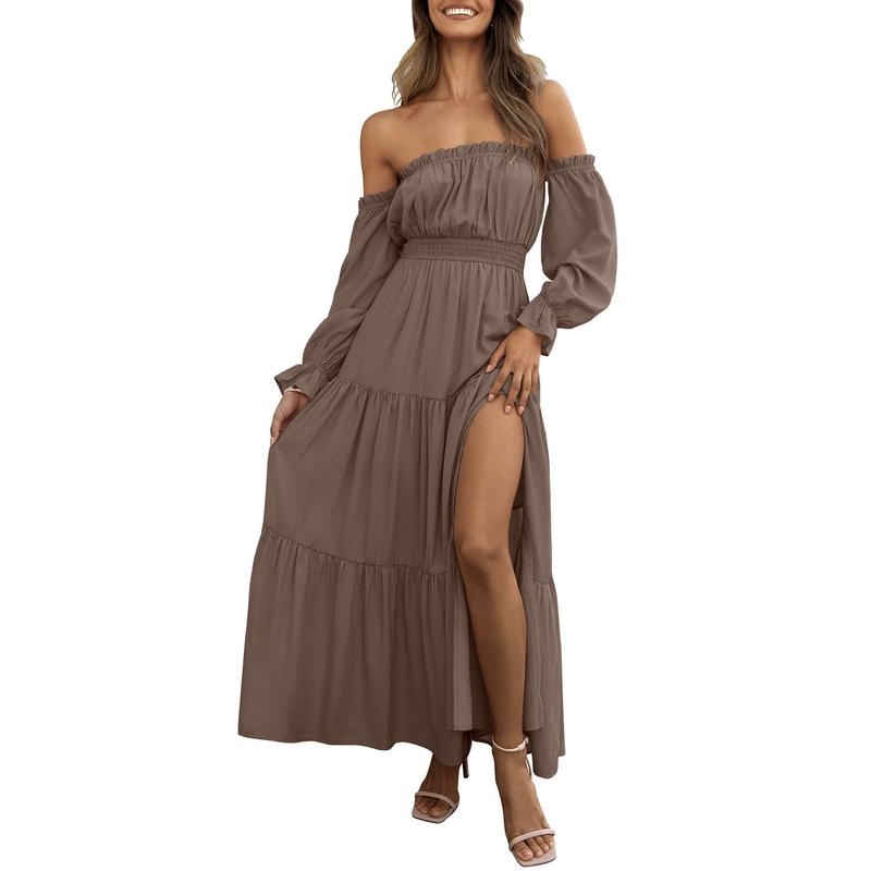 Boho Off-Shoulder Smocked High Waist Maxi Dress