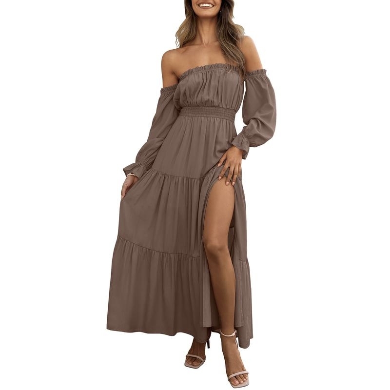 Boho Off-Shoulder Smocked High Waist Maxi Dress