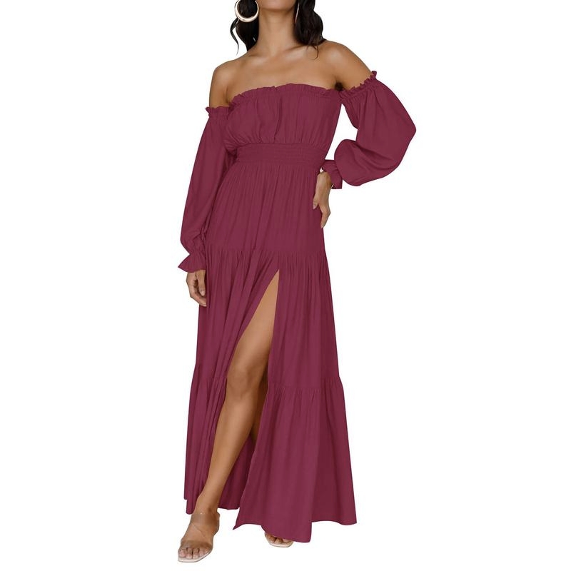 Boho Off-Shoulder Smocked High Waist Maxi Dress