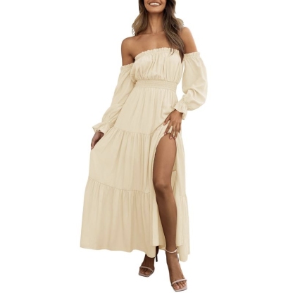Boho Off-Shoulder Smocked High Waist Maxi Dress