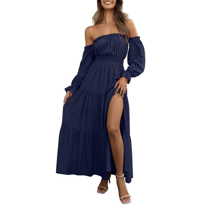 Boho Off-Shoulder Smocked High Waist Maxi Dress