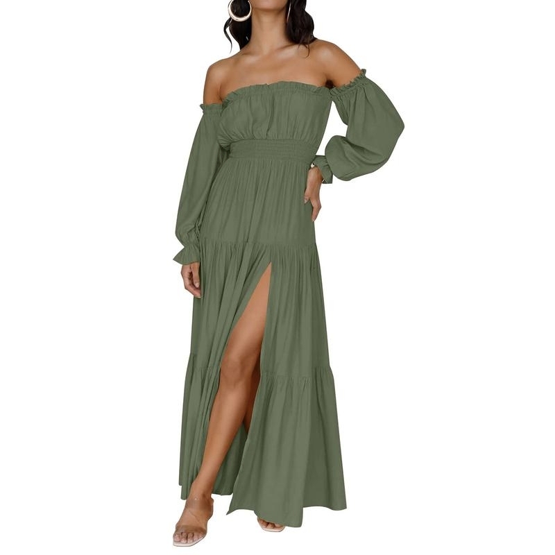 Boho Off-Shoulder Smocked High Waist Maxi Dress