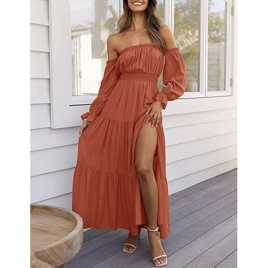 Boho Off-Shoulder Smocked High Waist Maxi Dress