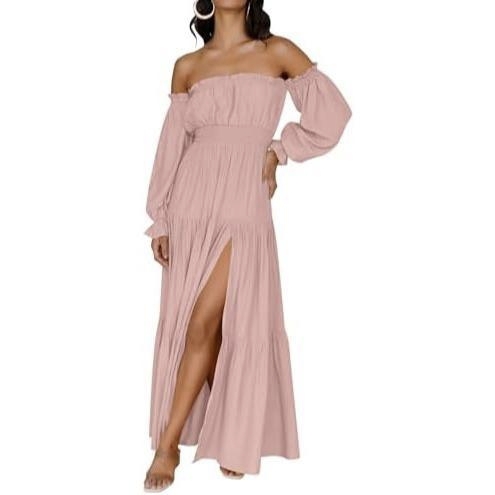 Boho Off-Shoulder Smocked High Waist Maxi Dress