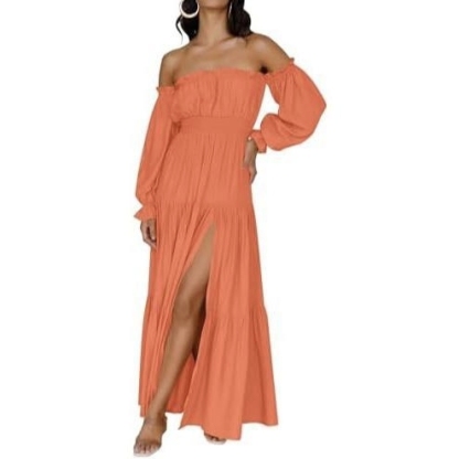 Boho Off-Shoulder Smocked High Waist Maxi Dress