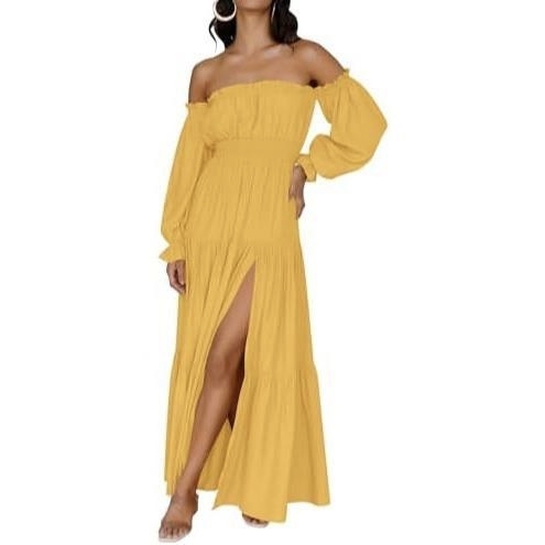 Boho Off-Shoulder Smocked High Waist Maxi Dress