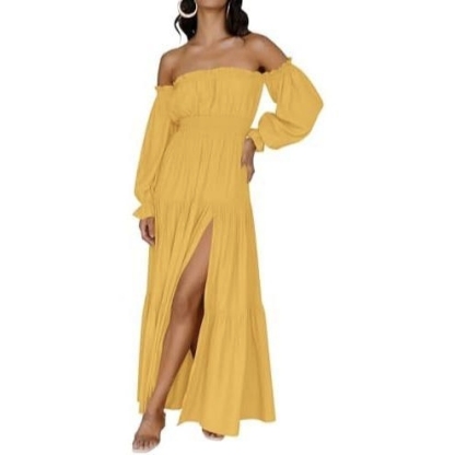 Boho Off-Shoulder Smocked High Waist Maxi Dress
