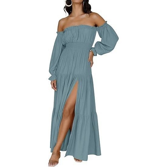 Boho Off-Shoulder Smocked High Waist Maxi Dress