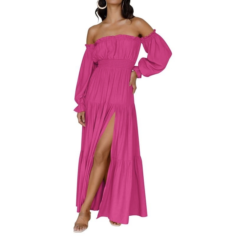 Boho Off-Shoulder Smocked High Waist Maxi Dress
