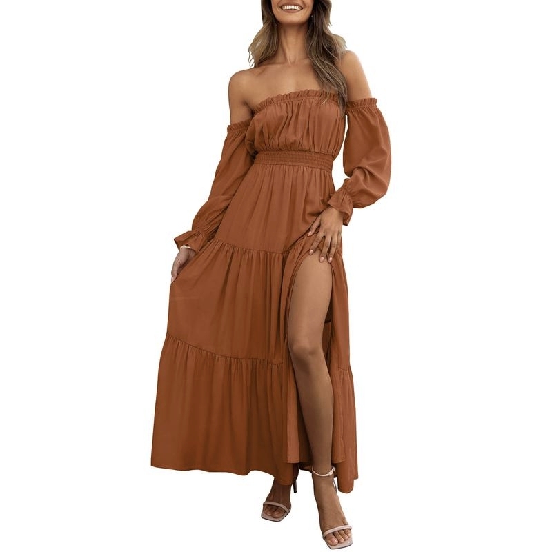 Boho Off-Shoulder Smocked High Waist Maxi Dress