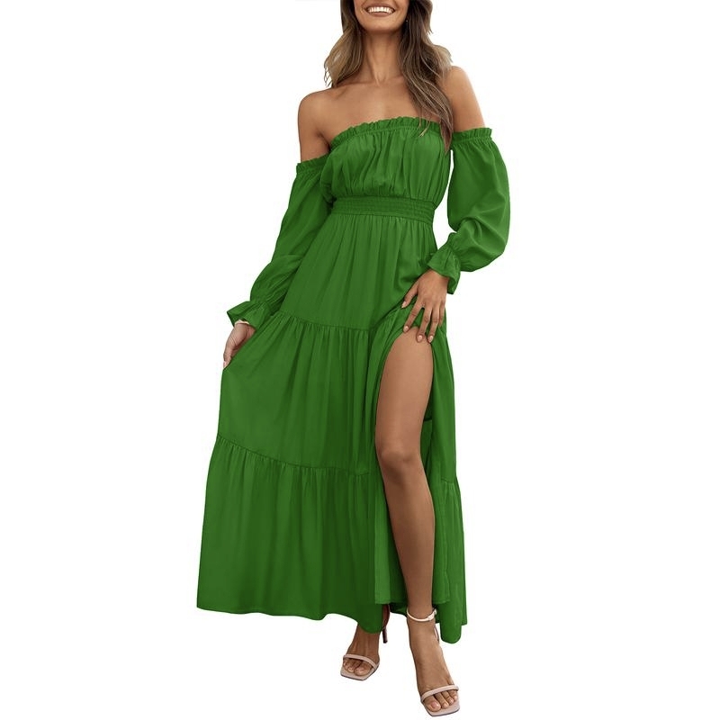 Boho Off-Shoulder Smocked High Waist Maxi Dress